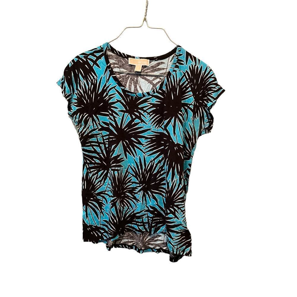 Michael Kors Top Women's Medium‎ Blue Tropical Print Cotton Stretch Round Neck